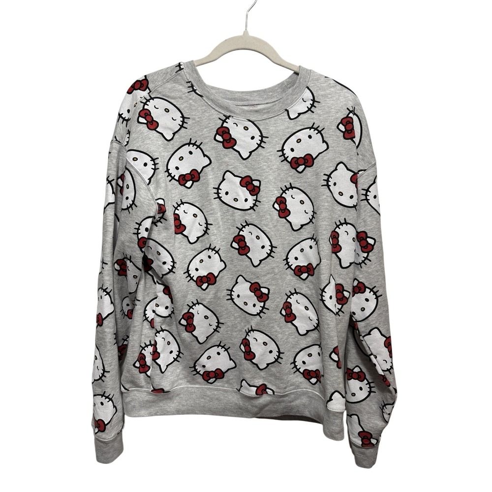 Sanrio Hello Kitty Women XL Grey All Over Print Pullover Crewneck Sweatshirt Y2K
